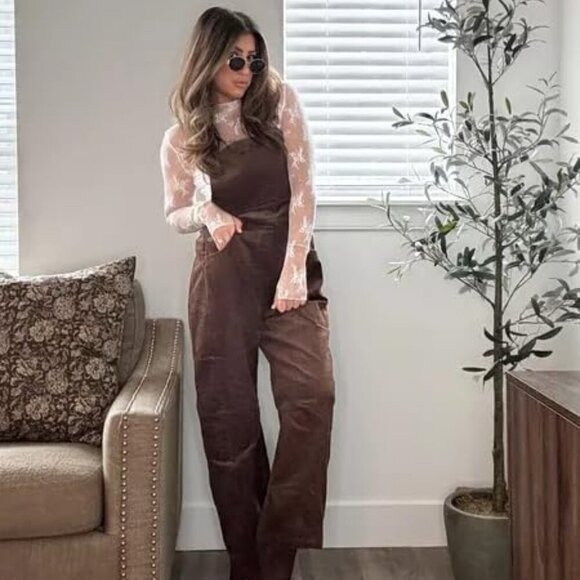 Corduroy Overalls for Women Barrel Wide Leg Bib Corduroy Pants Women Adjustable - Picture 5 of 7